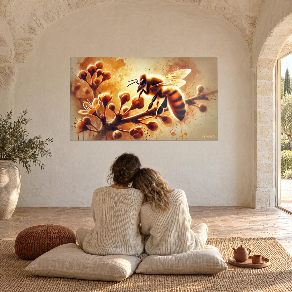 Gemälde Arbeitsbiene aus dem Bienenstock im goldenen Licht, flaumiger Brustkorb auf braunem Zweig, umarmtes Paar von hinten auf Kissen, gewölbtes Landhaus