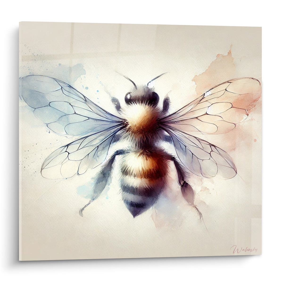 Abeille aux ailes bleu pastel et corps ocre rayé noir, traitement aquarelle délicat