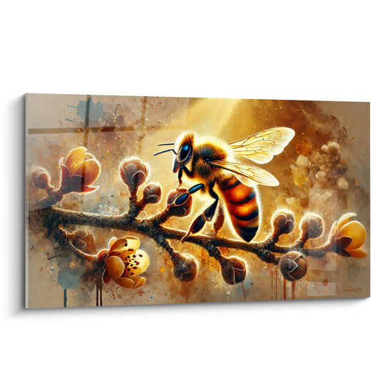 Tableau Abeille ambrée et bleue sur bourgeons fermés - Rayon lumineux vertical - Edition Abeille