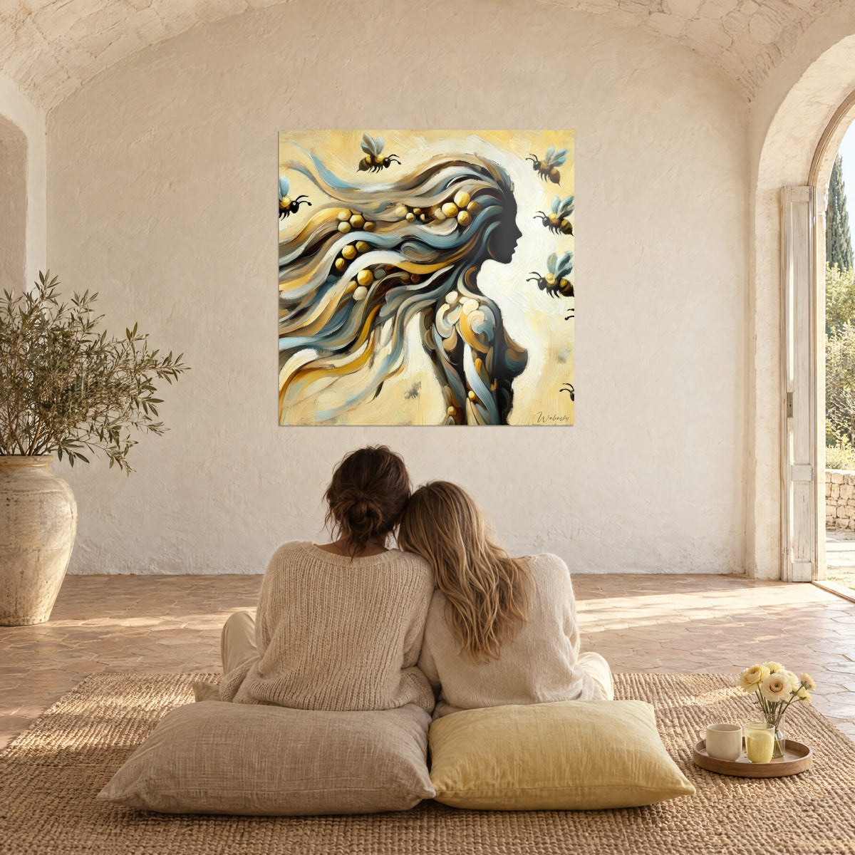 Quadro sciame attorno a una sagoma scura, ciocche ocra, bianco crema e azzurro pallido, due donne sedute di spalle su cuscini