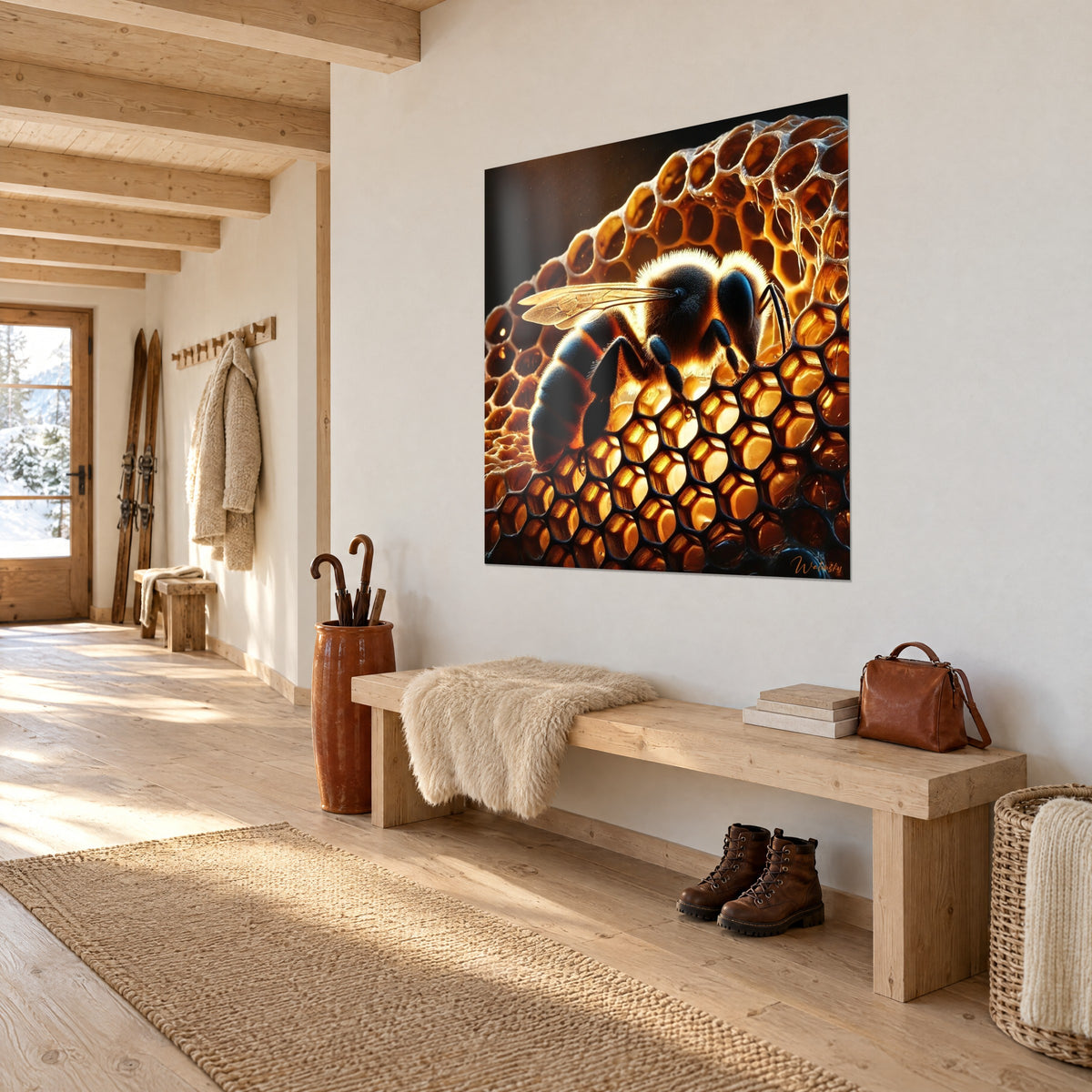Tableau insecte butineur aux ailes translucides sur rayons de miel dorés et bruns, mur blanc d'une entrée de chalet
