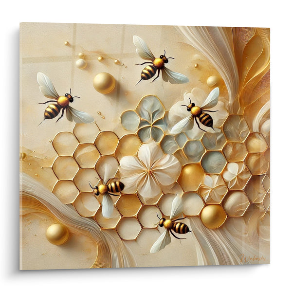 Tableau Abeilles dorées sur alvéoles ivoire fleuries - Ballet doré - Edition Abeille