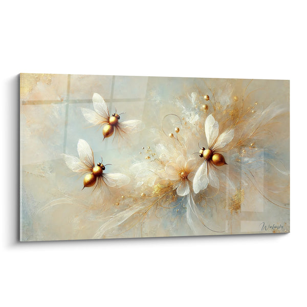 Goldene Bienen Gemälde mit Elfenbeinfedern - Zarte Flucht - Edition Biene