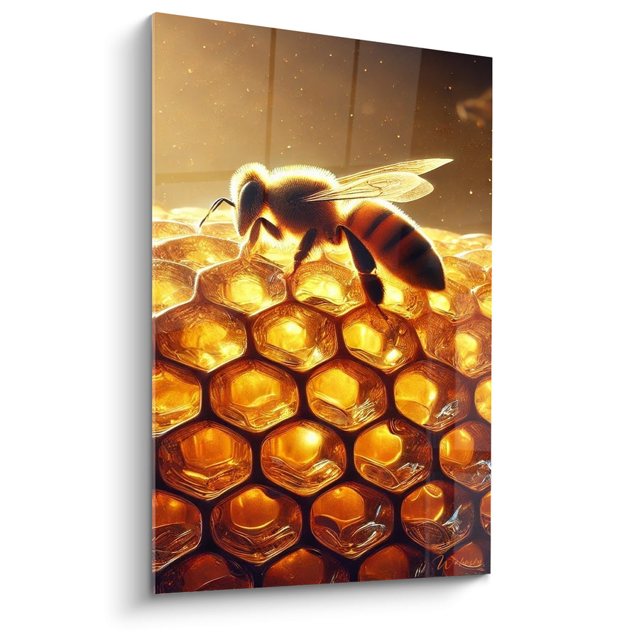 Tableau Abeille noire et dorée sur alvéoles translucides étincelantes - Particules de poussière dorée - Edition Abeille