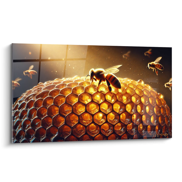 Tableau Abeille sur alvéoles dorées et ambrées - Ruche dorée - Edition Abeille