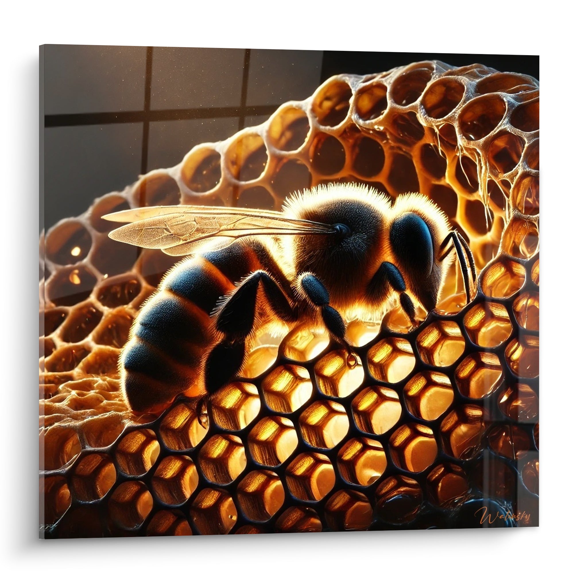 Abeille noire et dorée nichée dans des alvéoles ambrées, lumière rasante et détails précis