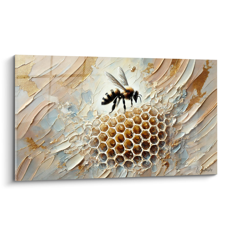 Tableau Alvéole dorée et beige aux larges empâtements tourbillonnants - Vol stationnaire au centre - Edition Abeille
