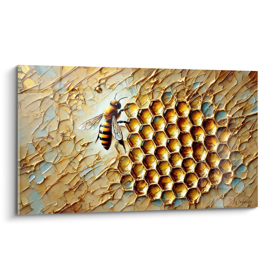 Tableau Abeille dorée sur nid d'alvéoles doré - Labeur silencieux - Edition Abeille