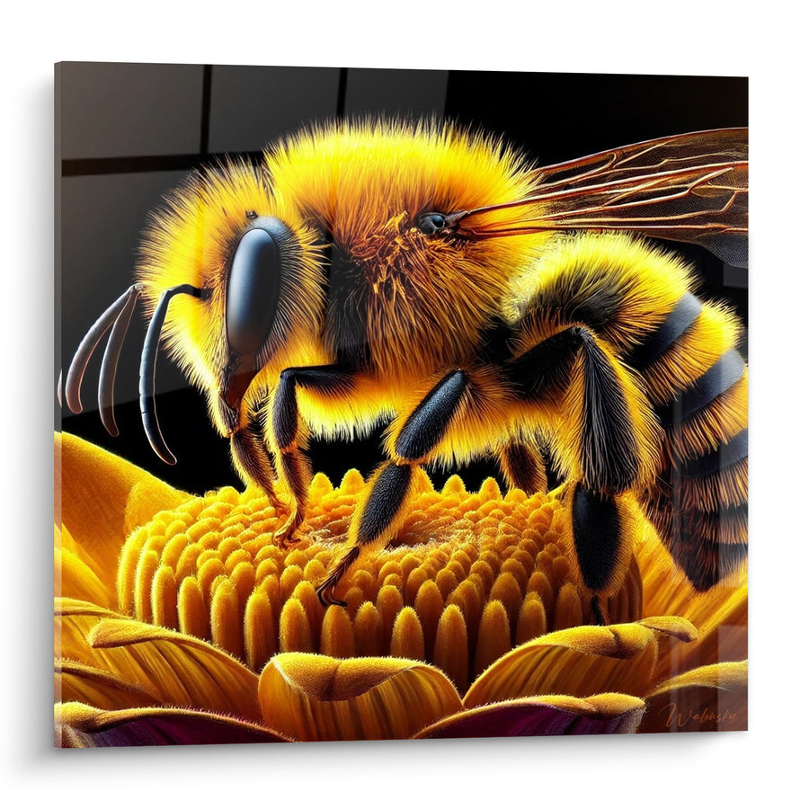 Tableau Abeille dorée noire sur fleur détaillée - Récolte minutieuse - Edition Abeille