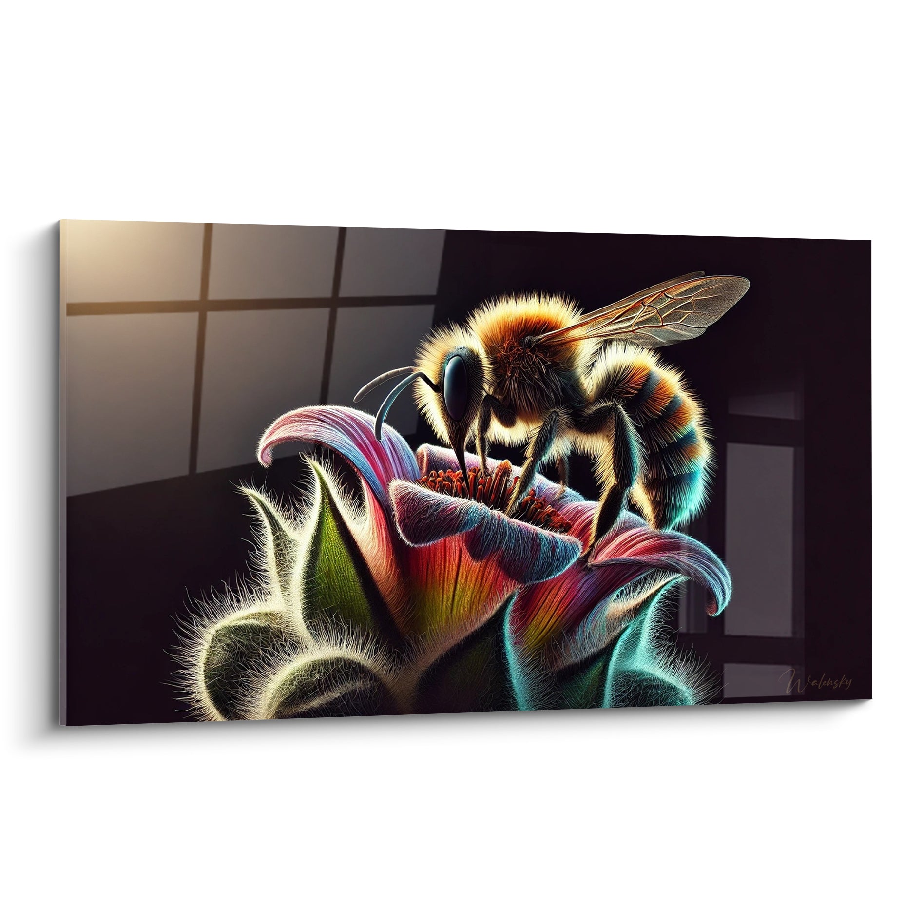 Abeille dorée aux ailes translucides butinant une fleur rose et turquoise sur fond anthracite