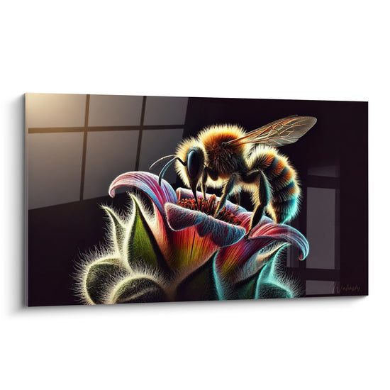 Abeille dorée aux ailes translucides butinant une fleur rose et turquoise sur fond anthracite