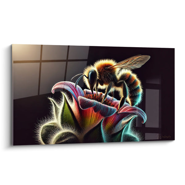Tableau Abeille dorée butinant une fleur rose - Rosée butineuse - Edition Abeille