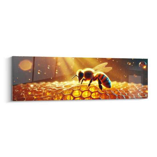 Tableau Abeille dorée et bleue sous des rayons lumineux - Gouttes de rosée suspendues - Edition Abeille