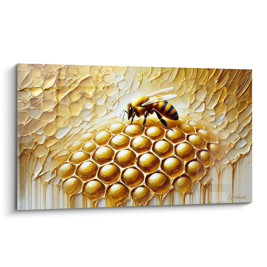 Tableau Abeille dorée sur rayon de miel doré et ivoire - Ouvrière au travail - Edition Abeille