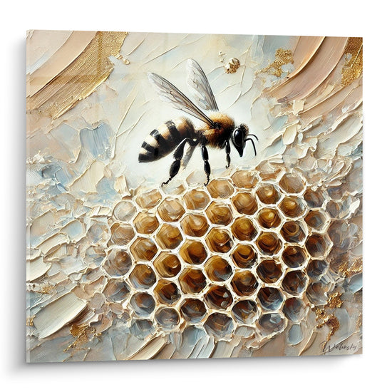 Abeille dorée aux ailes translucides posée sur un rayon de miel beige et anthracite texturé