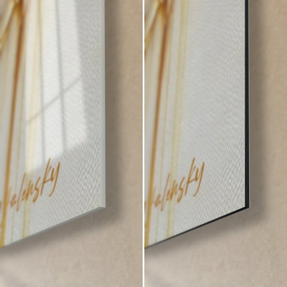 Wall art of a golden insect with translucent wings, bottom right corner: glossy acrylic glass on the left, matte white Dibond on the right, 3 mm edge
