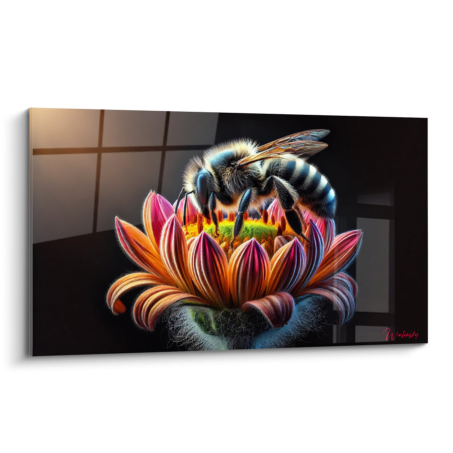 Tableau Abeille noire dorée sur fleur orange rose - Butinage minutieux - Edition Abeille