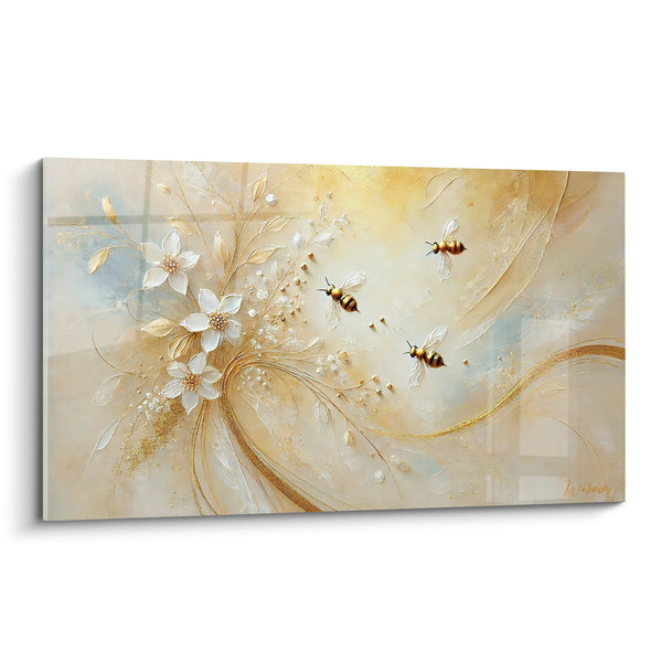 Tableau Abeilles dorées aux fleurs blanches ivoire - Envol lumineux - Edition Abeille