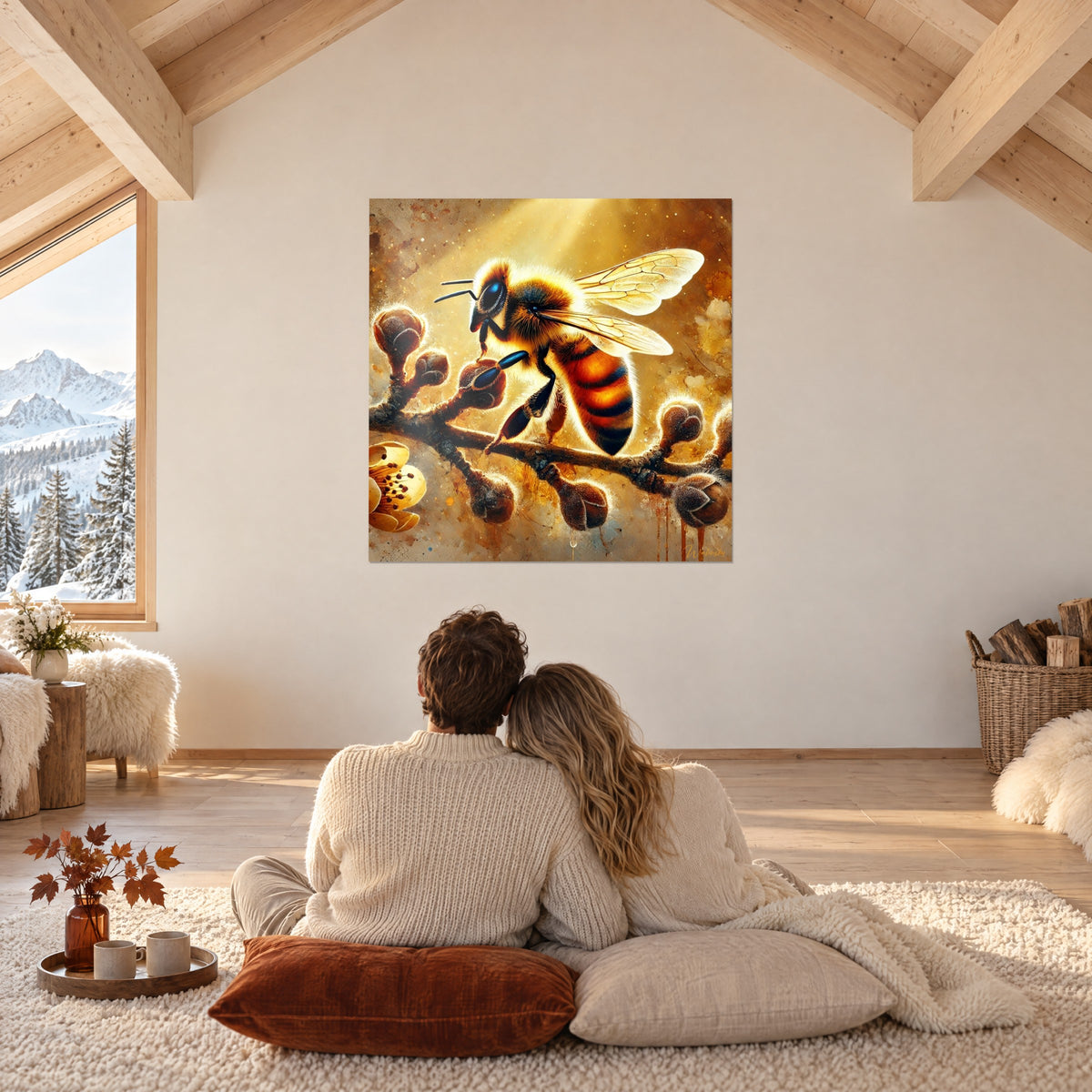 Tableau abeille lumineuse sur sa branche de bourgeons, ailes nervurées, éclats ambrés et bruns, dans un séjour mansardé du chalet