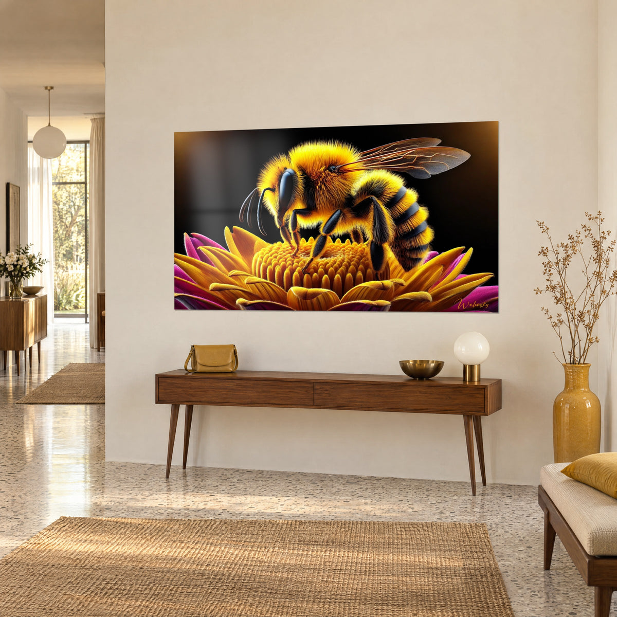 Wall art furry bumblebee with black stripes perched on a saffron flower corolla, dark background, veined wings, seen three-quarter view on a wooden console
