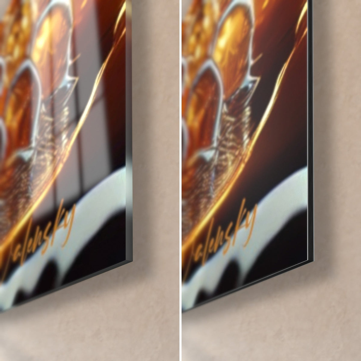 Gemälde Pelzige Biene mit orangefarbenen und schwarzen Streifen, untere rechte Ecke: glänzendes Acrylglas links, mattes weißes Dibond rechts