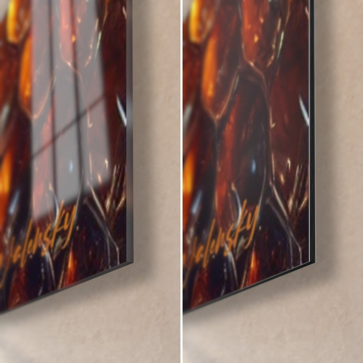 Wall art pollinating insect with translucent wings, bottom right corner, glossy glass on the left, matte Dibond on the right, 3 mm thick