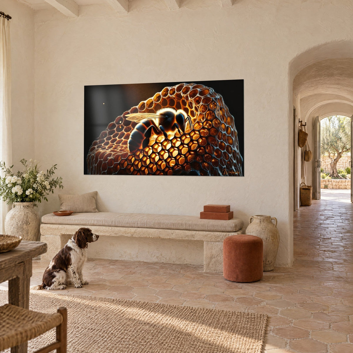 Wall art worker bee with black and amber stripes resting on glossy honey combs, Provençal farmhouse, seated spaniel on the floor