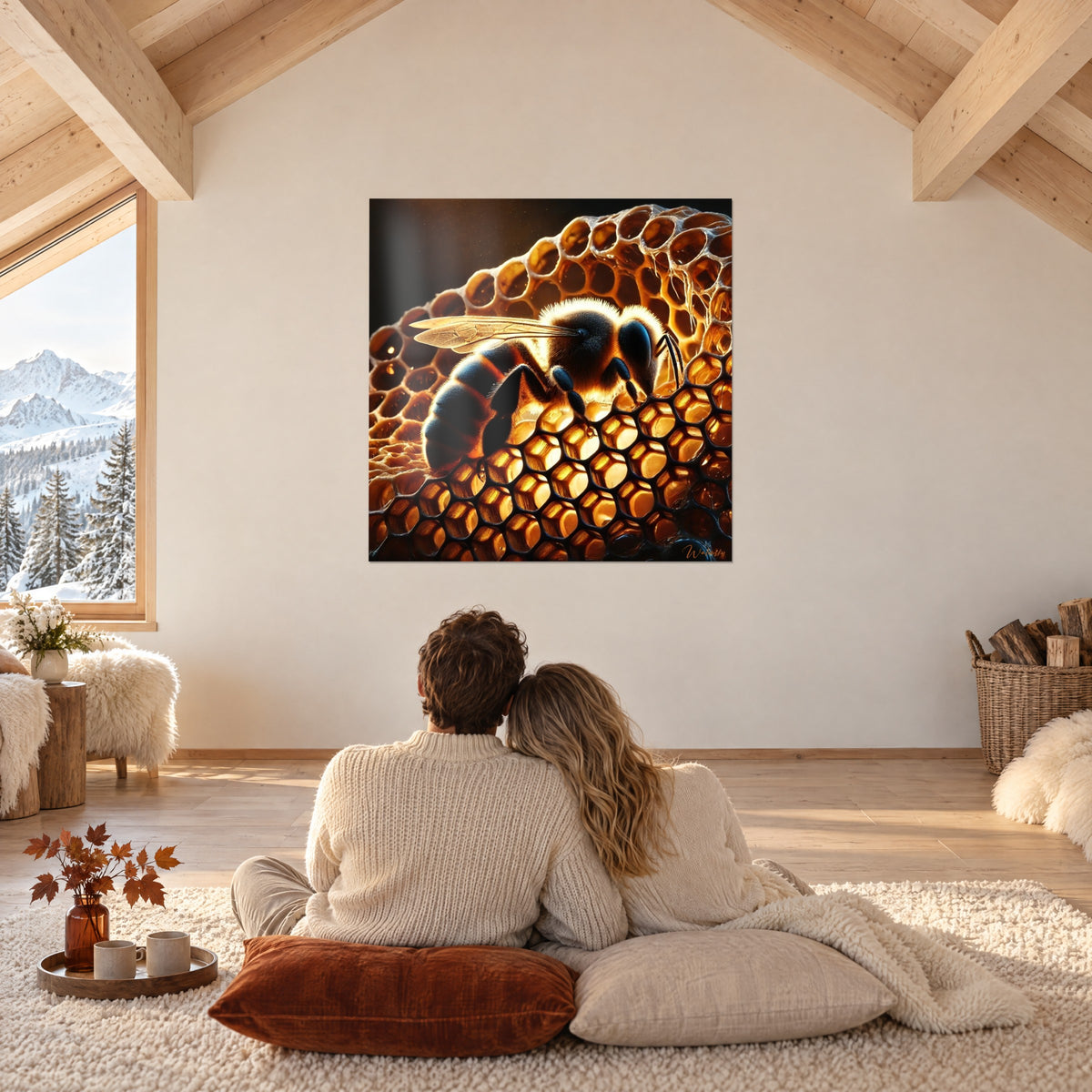 Tableau abeille rétroéclairée sur hexagones de miel ambre et noirs, face à un couple assis sur un tapis crème en chalet