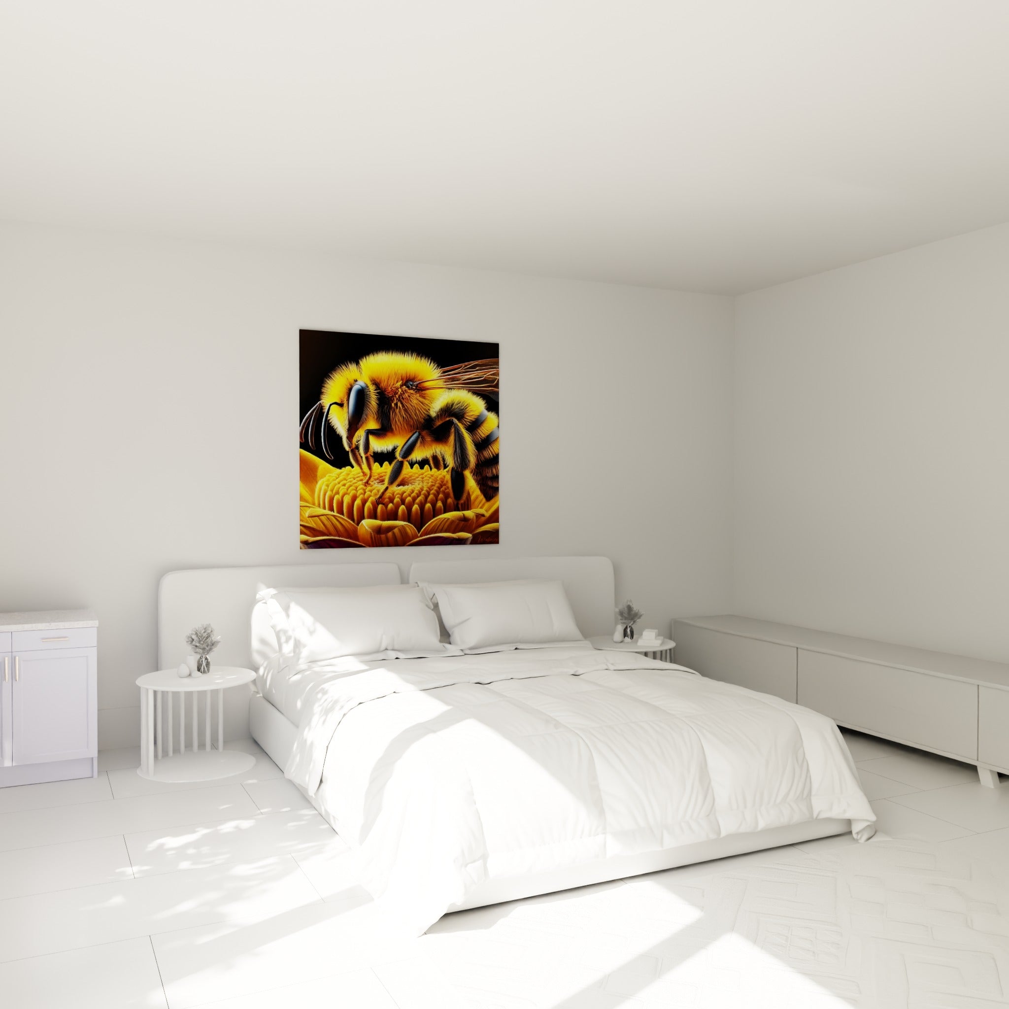 Insecte doré et noir butinant une fleur jaune orangé, au-dessus d'un lit dans une chambre claire
