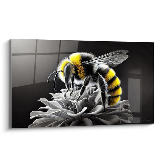 Abeille jaune et noire posée sur une fleur grise, ailes translucides, fond anthracite structuré