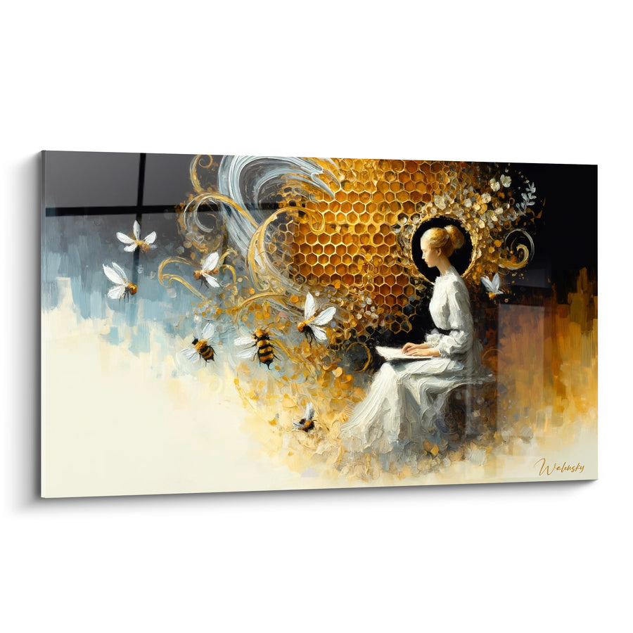 Tableau Femme robe blanche lisant devant rayon doré - Silhouette assise et livre - Edition Abeille