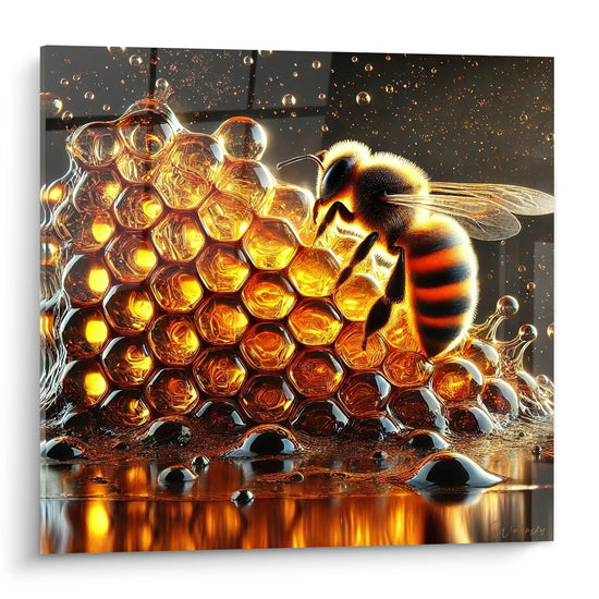 Abeille dorée aux rayures noires et orange posée sur un rayon de miel ambré scintillant