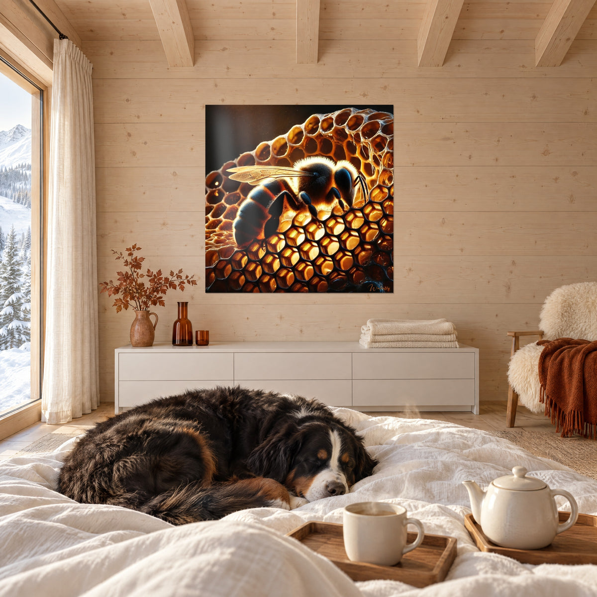 Tableau butineuse velue sur gaufre de cire orangée et noire, au-dessus d'un lit dans une chambre claire