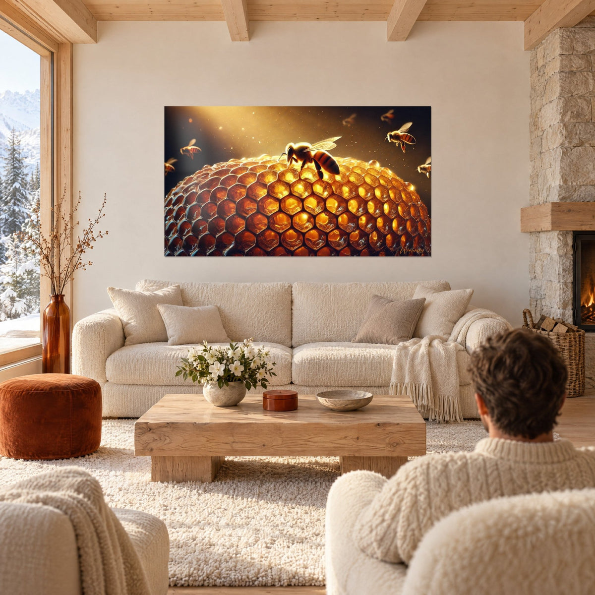 Wall art bee perched on a honeycomb of amber and gold cells, golden light, above a sofa in a bright living room