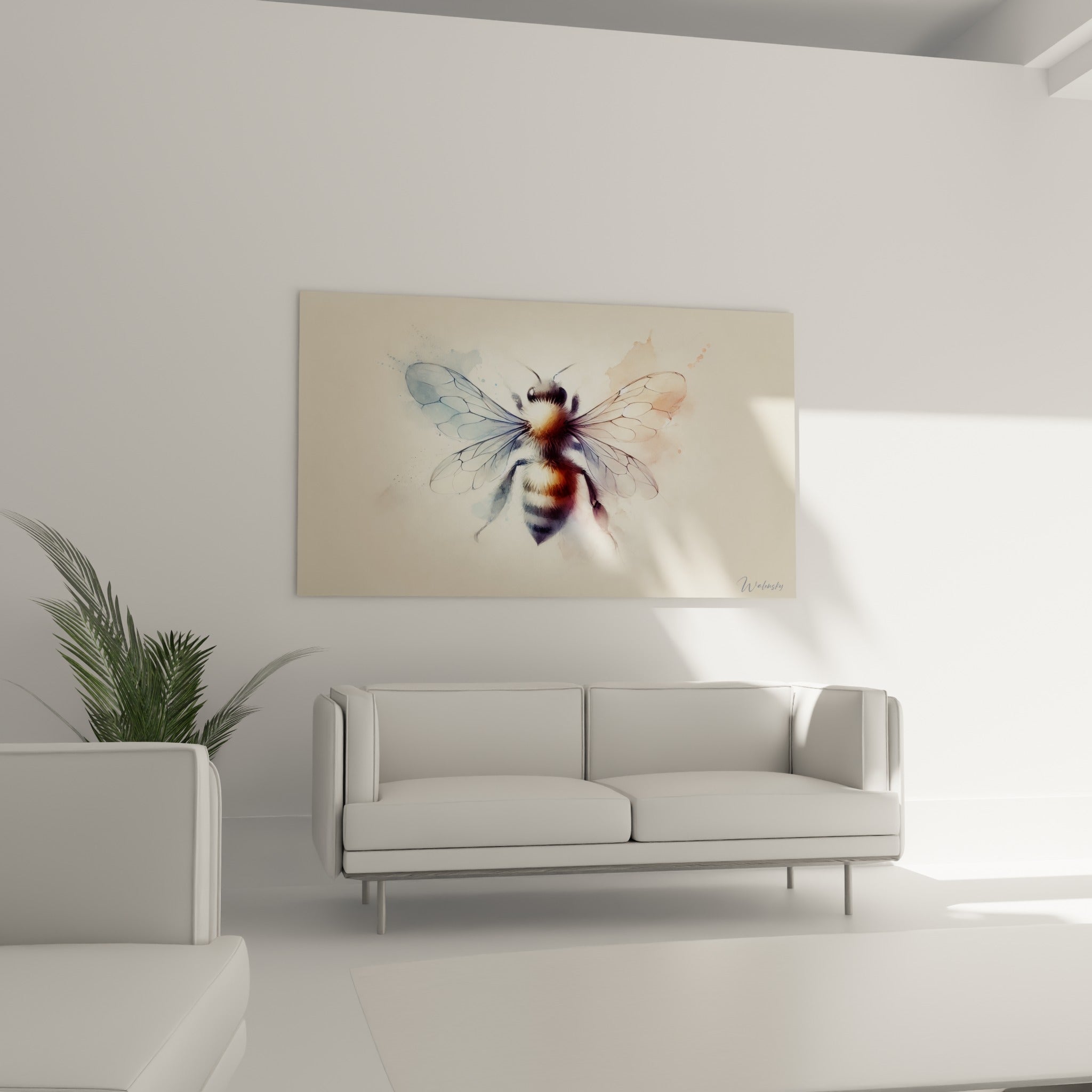 Silhouette d'abeille corail et noire aux ailes fines, disposée au-dessus d'un canapé dans un salon lumineux