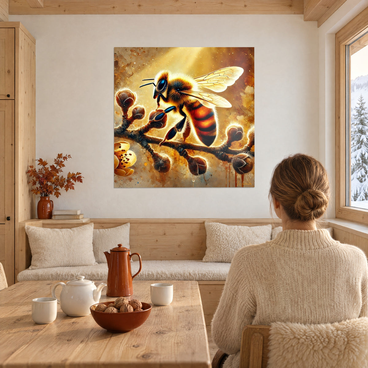 Tableau abeille à fourrure dorée, yeux bleu nuit, bourgeons givrés de duvet, fond jaune miel, face à une table en bois du chalet
