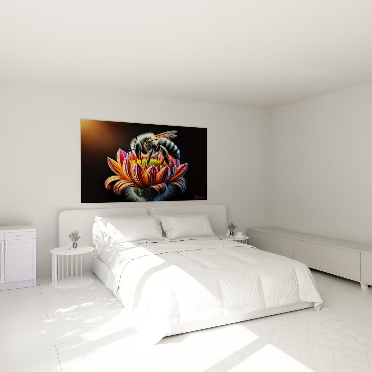 Insecte doré posé sur pétales orange vif, tableau accroché au-dessus d'un lit dans une chambre claire