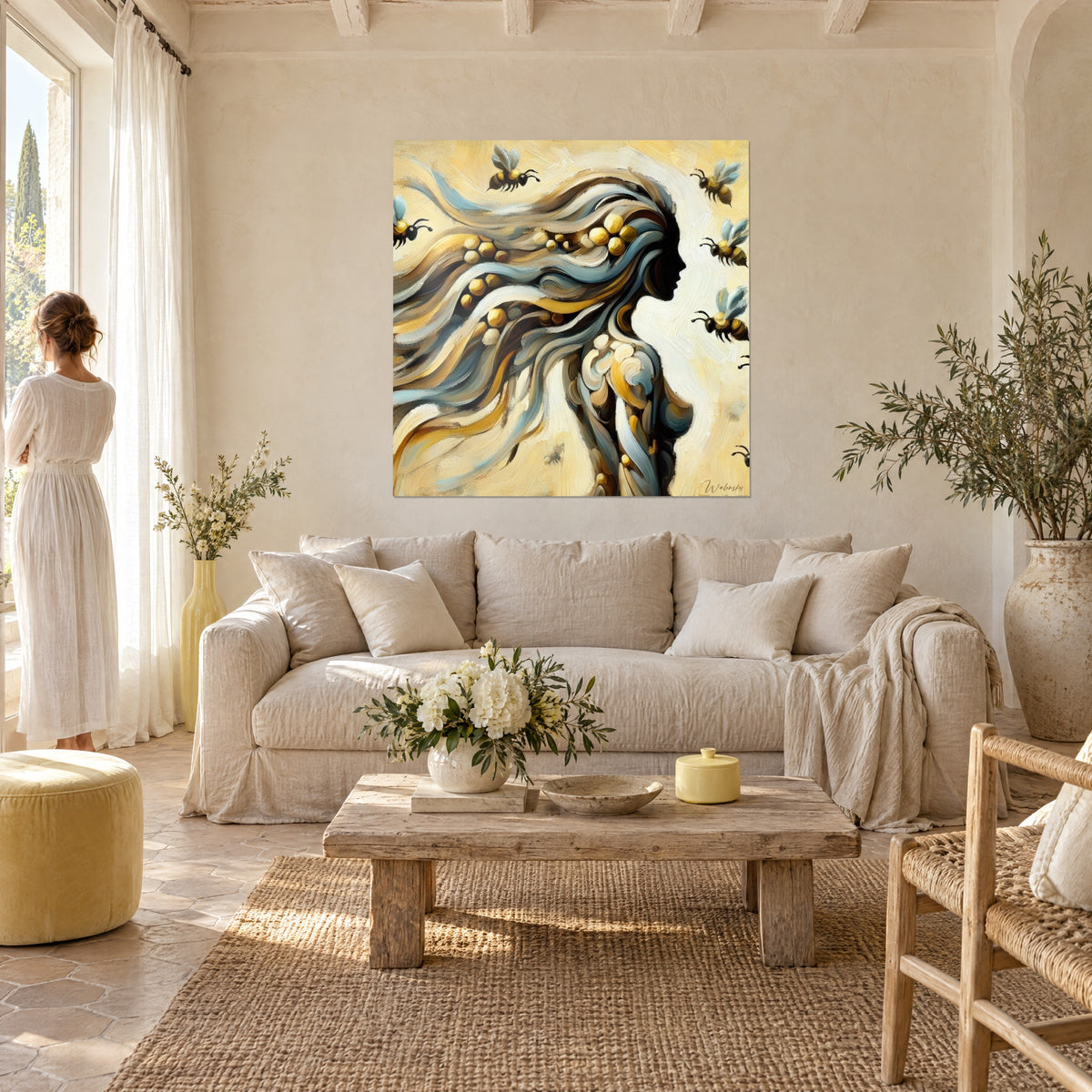 Quadro silhouette femminile con capelli di api, onde ocra, grigio-blu e giallo miele, donna di spalle sopra un divano in un soggiorno luminoso