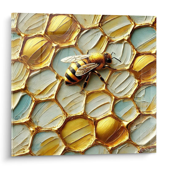 Abeille dorée aux rayures noires posée sur des alvéoles ambre et bleu pastel texturées