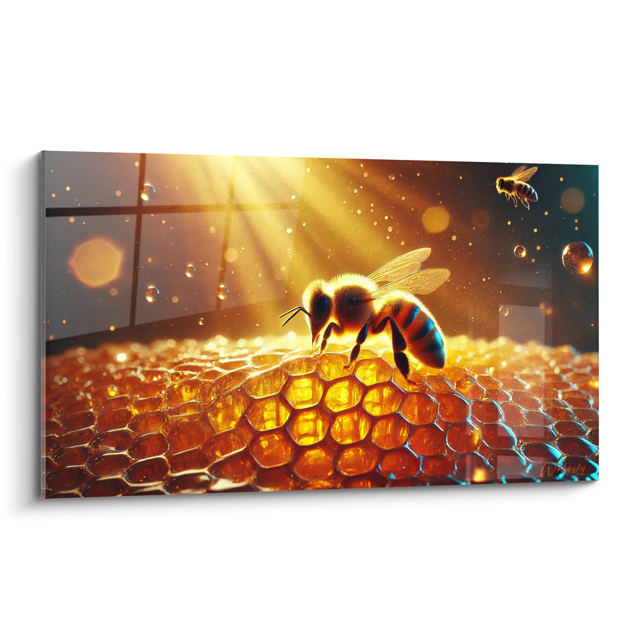 Tableau Abeille ambrée sur rayon de miel doré - Lumière du rucher - Edition Abeille