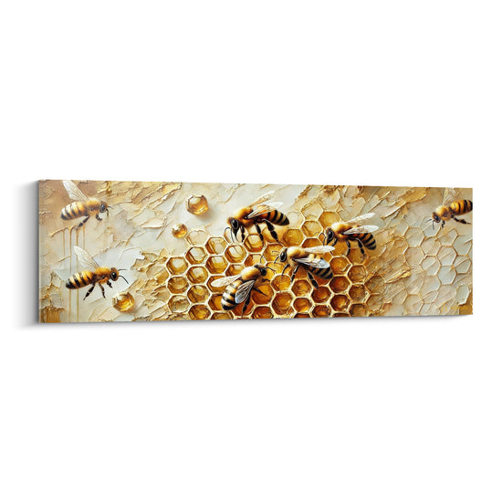 Tableau Essaim doré et ivoire autour de gouttes de miel - Vol groupé d'ouvrières - Edition Abeille