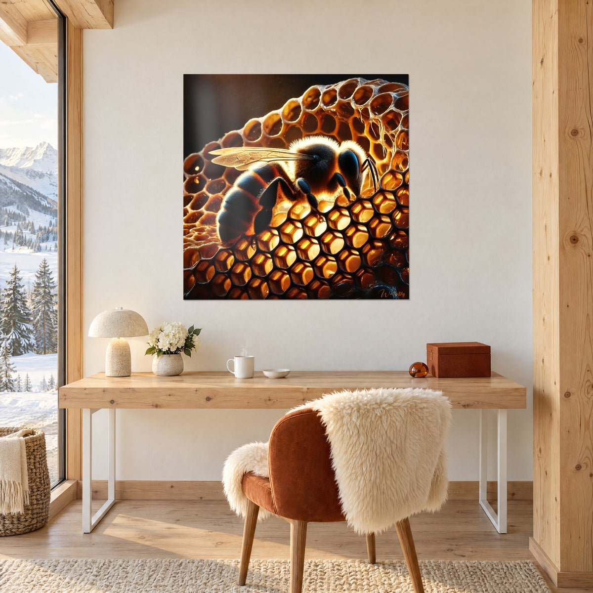 Tableau ouvrière de la ruche aux ailes veinées sur nid d'abeille doré et brun, mur blanc d'un bureau de chalet