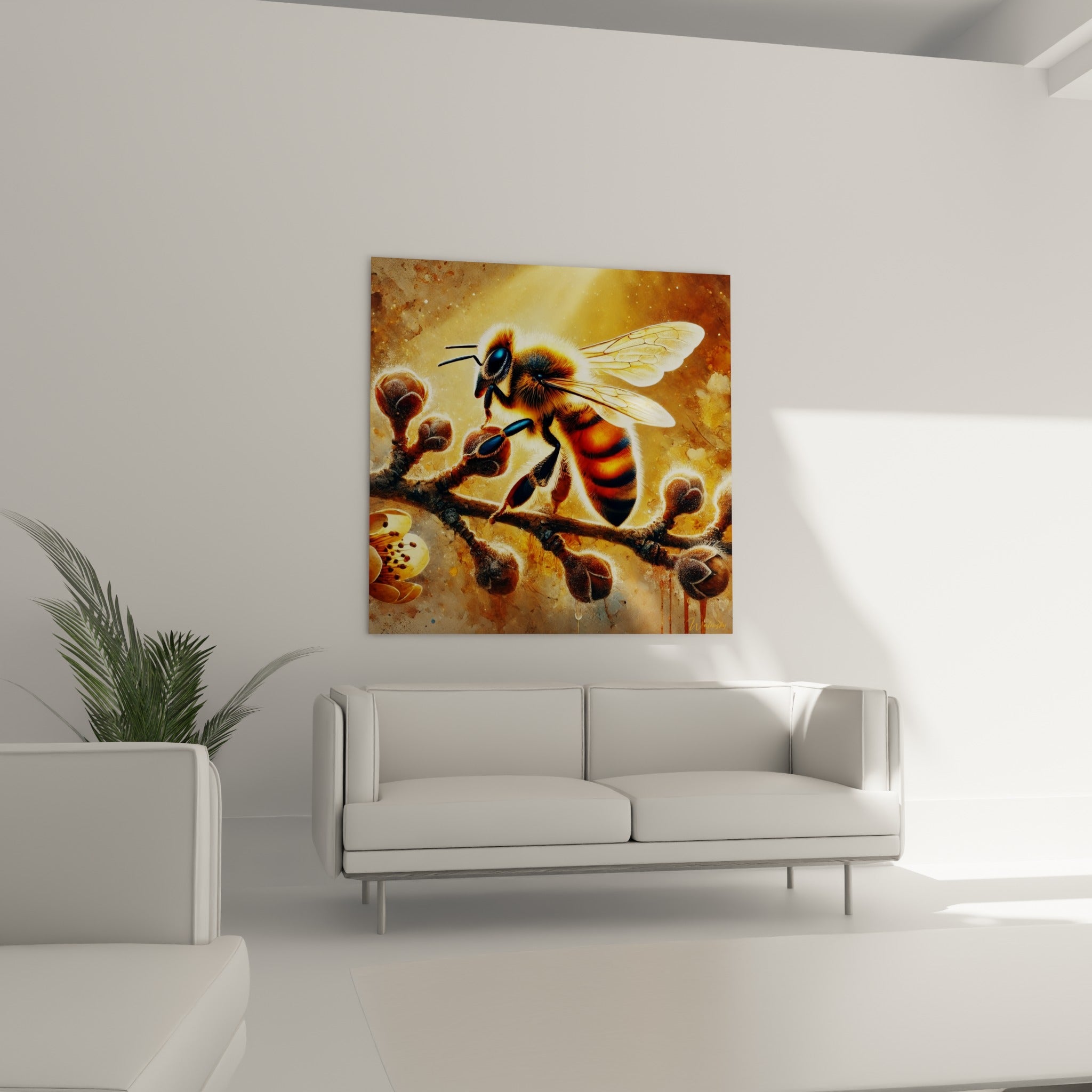 Silhouette d'abeille cuivrée et brune sur fond ocre lumineux au-dessus d'un canapé dans un salon lumineux