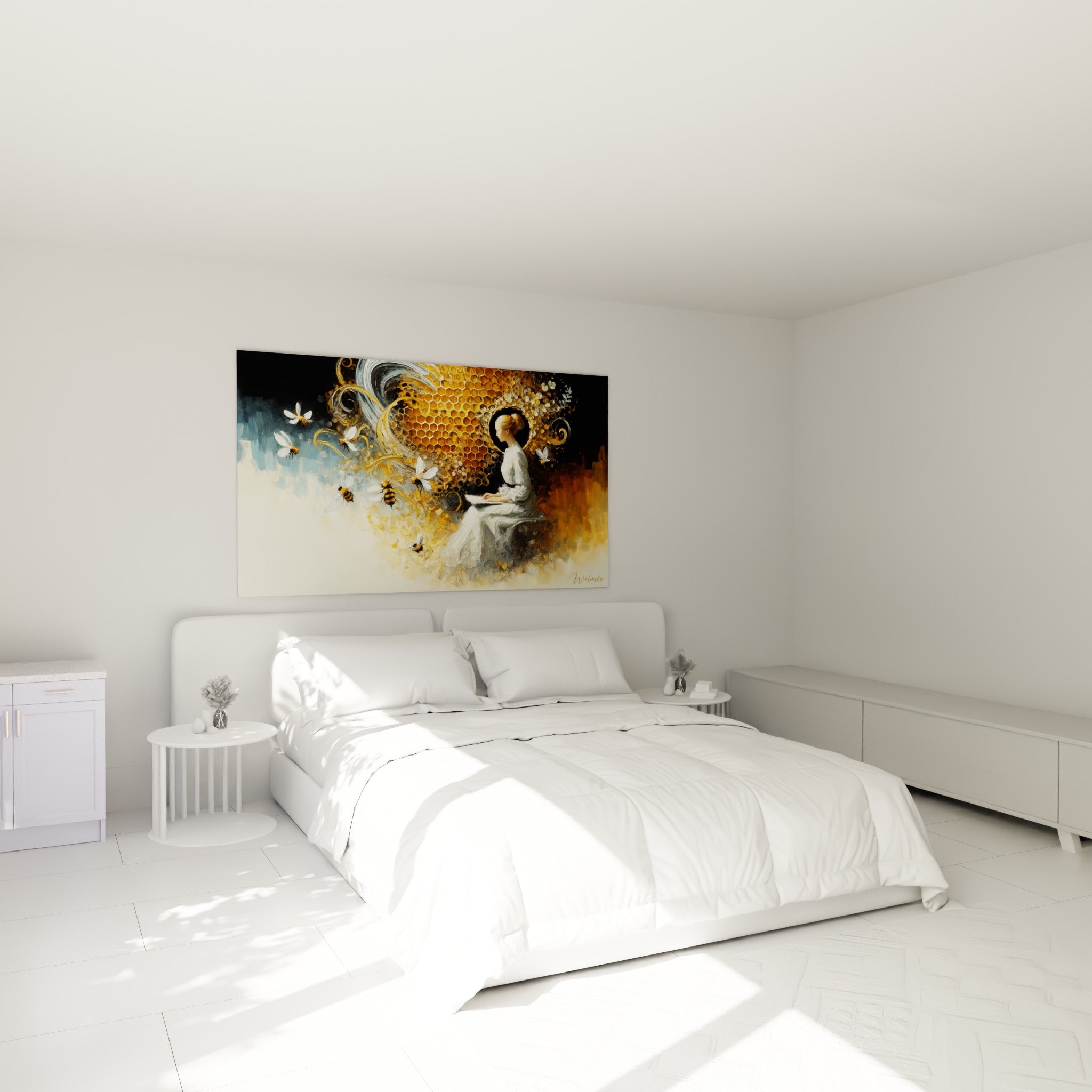 Silhouette blanche entourée d'abeilles dorées au-dessus d'un lit dans une chambre claire