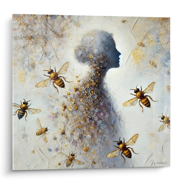 Tableau Silhouette bleue et alvéoles dorées d'abeilles - Métamorphose dorée - Edition Abeille