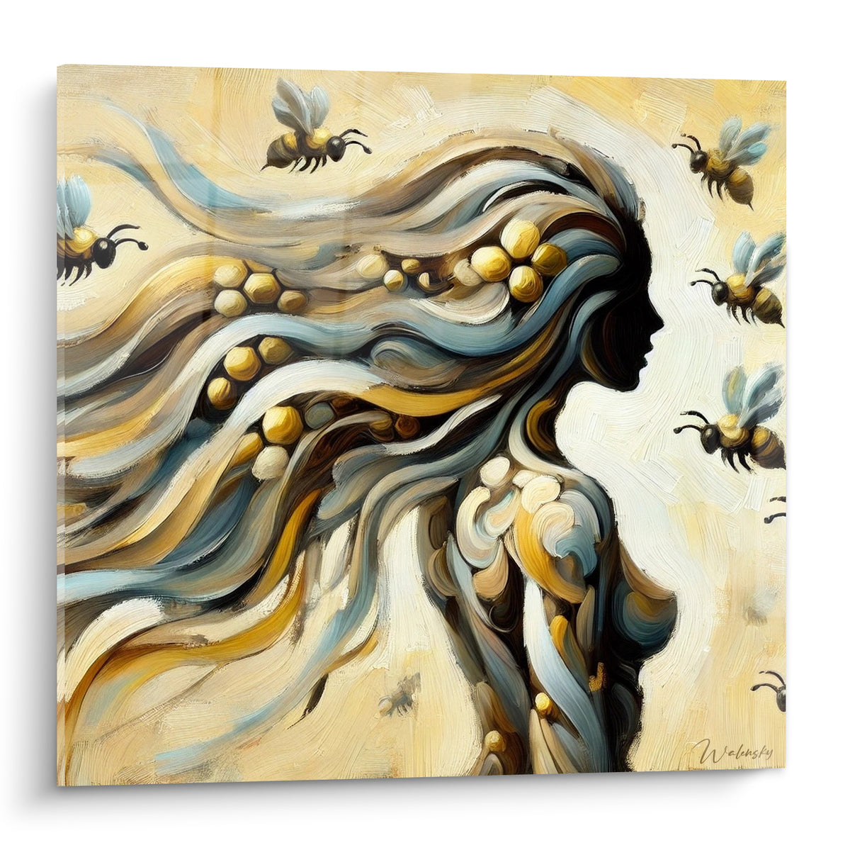 Silhouette féminine dorée et bleu pastel entourée d'abeilles peintes en vol texturé