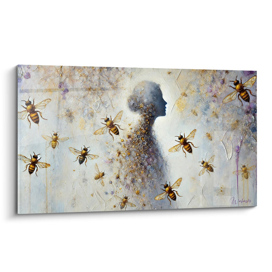 Tableau Silhouette dorée entourée d'abeilles en vol - Communion mystique - Edition Abeille