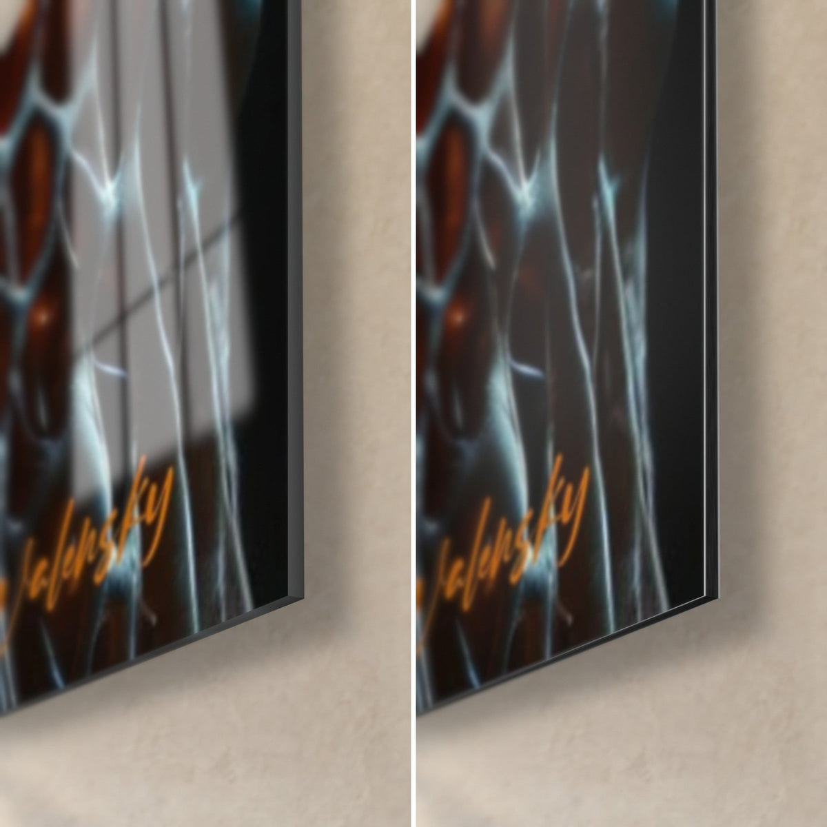 Wall art pollinating insect with golden fur, bottom right corner: glossy glass on the left, matt black Dibond on the right, 3 mm edge