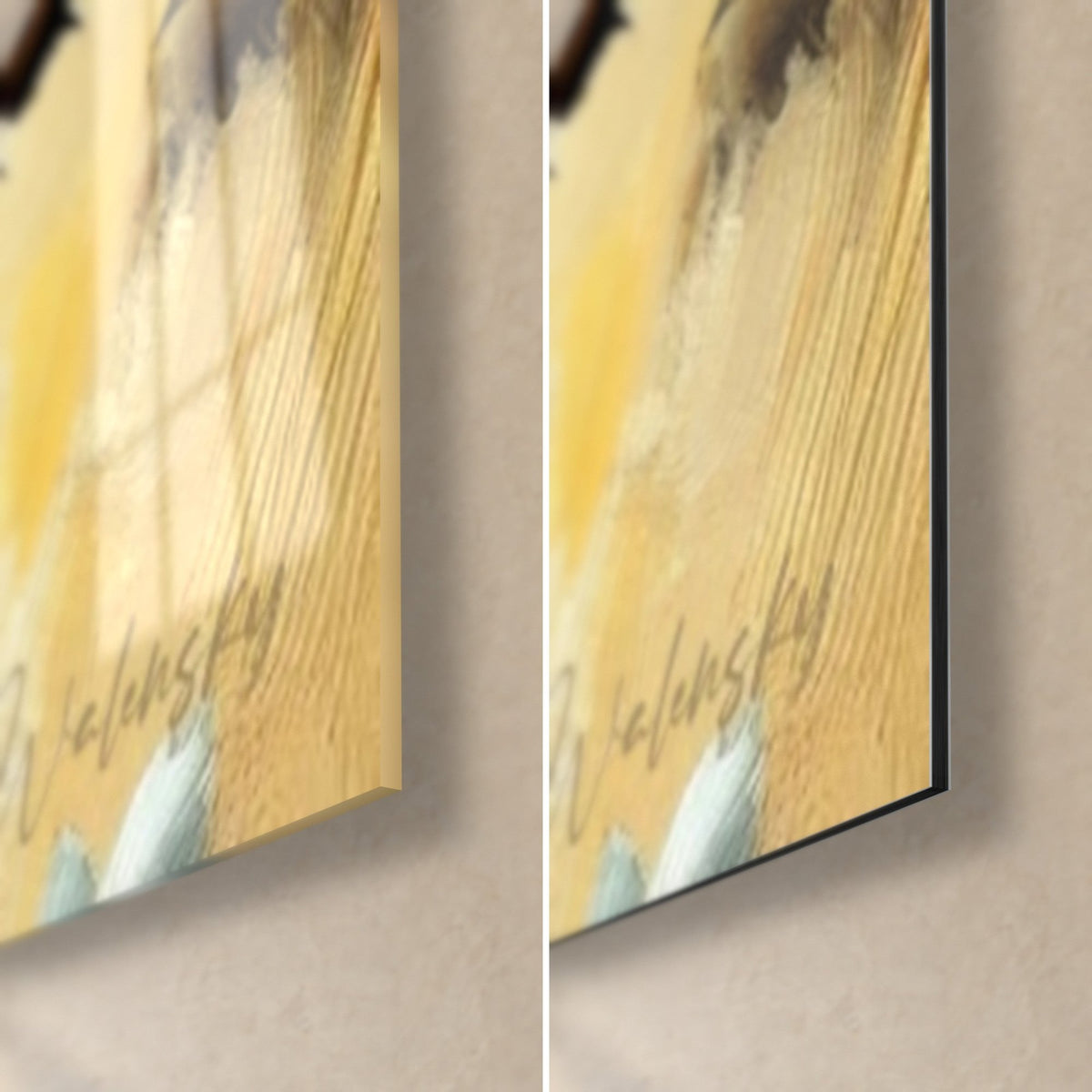 Quadro profilo femminile nero con capelli giallo miele e blu, firma Walensky, angolo in basso a destra in vetro lucido e Dibond opaco, spessore 3 mm