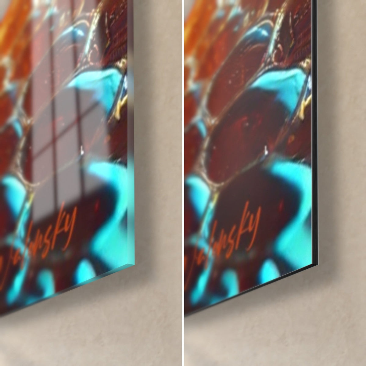 Wall art golden bee, bottom right corner: glossy acrylic glass with turquoise blue reflections, matte Dibond aluminium, 3 mm edge